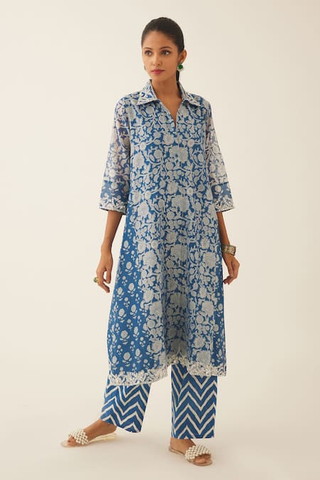 Kora Blue Silk, Chanderi, Cotton Sequins Shawl Hand Block Printed Kurta And Pant Set Online at Aza Fashions Kora_Blue Silk, Chanderi, Cotton Sequins Shawl Hand Block Printed Kurta And Pant Set _Online_at_Aza_Fashions