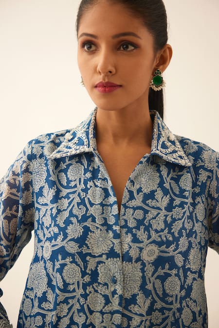 Buy Kora Blue Silk, Chanderi, Cotton Sequins Shawl Hand Block Printed Kurta And Pant Set Online at Aza Fashions Buy_Kora_Blue Silk, Chanderi, Cotton Sequins Shawl Hand Block Printed Kurta And Pant Set _Online_at_Aza_Fashions