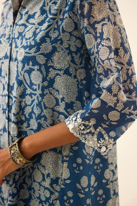 Shop Kora Blue Silk, Chanderi, Cotton Sequins Shawl Hand Block Printed Kurta And Pant Set Online at Aza Fashions Shop_Kora_Blue Silk, Chanderi, Cotton Sequins Shawl Hand Block Printed Kurta And Pant Set _Online_at_Aza_Fashions