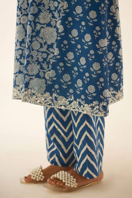 Kora Blue Silk, Chanderi, Cotton Sequins Shawl Hand Block Printed Kurta And Pant Set at Aza Fashions Kora_Blue Silk, Chanderi, Cotton Sequins Shawl Hand Block Printed Kurta And Pant Set _at_Aza_Fashions