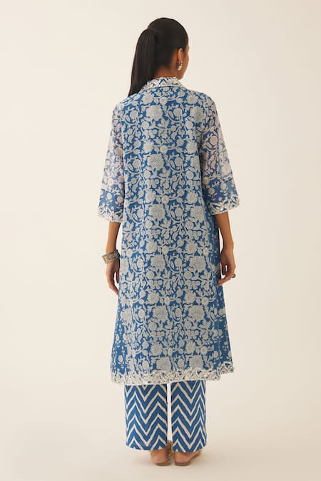 Shop Kora Blue Silk, Chanderi, Cotton Sequins Shawl Hand Block Printed Kurta And Pant Set at Aza Fashions Shop_Kora_Blue Silk, Chanderi, Cotton Sequins Shawl Hand Block Printed Kurta And Pant Set _at_Aza_Fashions