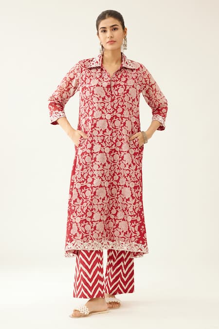 Kora Red Silk, Chanderi, Cotton Tassels, Beads Shawl Floral Print Kurta And Pant Set