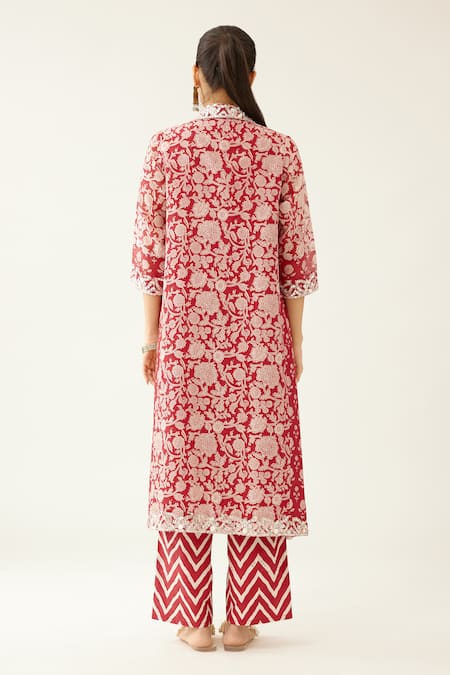 Shop Kora Red Silk, Chanderi, Cotton Tassels, Beads Shawl Floral Print Kurta And Pant Set at Aza Fashions Shop_Kora_Red Silk, Chanderi, Cotton Tassels, Beads Shawl Floral Print Kurta And Pant Set _at_Aza_Fashions