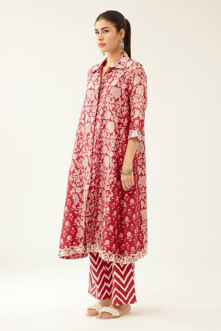 Kora Red Silk, Chanderi, Cotton Tassels, Beads Shawl Floral Print Kurta And Pant Set Online at Aza Fashions Kora_Red Silk, Chanderi, Cotton Tassels, Beads Shawl Floral Print Kurta And Pant Set _Online_at_Aza_Fashions