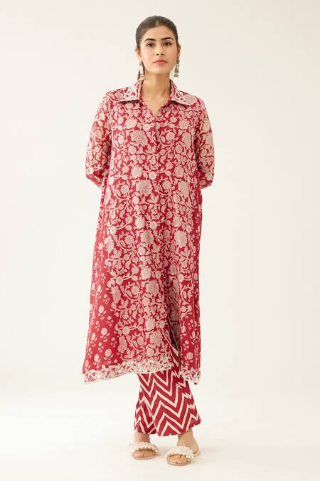 Buy Kora Red Silk, Chanderi, Cotton Tassels, Beads Shawl Floral Print Kurta And Pant Set Online at Aza Fashions Buy_Kora_Red Silk, Chanderi, Cotton Tassels, Beads Shawl Floral Print Kurta And Pant Set _Online_at_Aza_Fashions