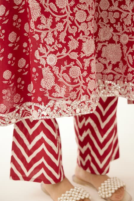 Kora Red Silk, Chanderi, Cotton Tassels, Beads Shawl Floral Print Kurta And Pant Set at Aza Fashions Kora_Red Silk, Chanderi, Cotton Tassels, Beads Shawl Floral Print Kurta And Pant Set _at_Aza_Fashions