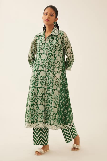 Kora Silk Chanderi Flower Print Kurta & Pant Set 