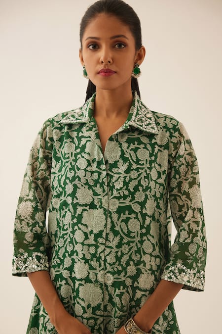 Shop_Kora_Green Silk, Chanderi, Cotton Sequins Shawl Neck Flower Print Kurta And Pant Set _Online_at_Aza_Fashions