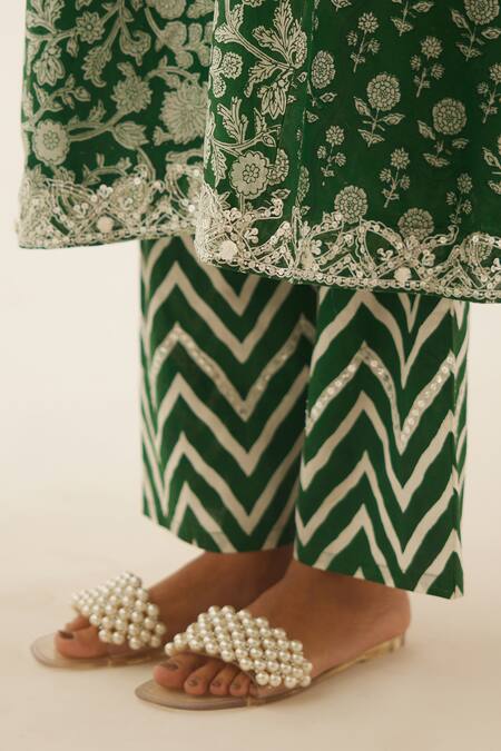 Kora_Green Silk, Chanderi, Cotton Sequins Shawl Neck Flower Print Kurta And Pant Set _at_Aza_Fashions