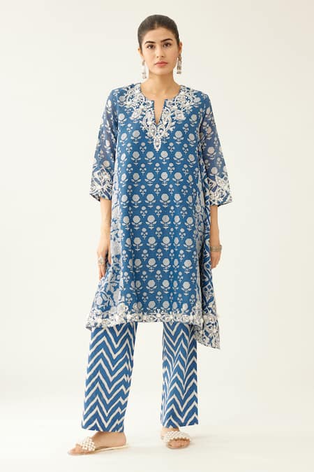 Kora_Blue Silk, Cotton, Chanderi Tassels, Beads Hand Block Printed Short Kurta Set _Online_at_Aza_Fashions