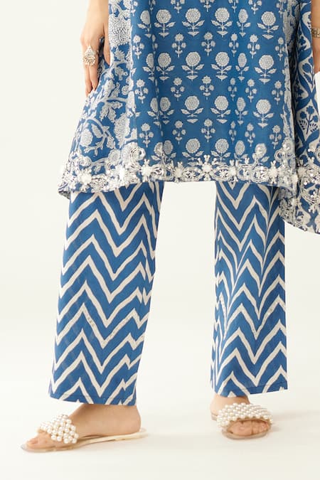 Buy_Kora_Blue Silk, Cotton, Chanderi Tassels, Beads Hand Block Printed Short Kurta Set _Online_at_Aza_Fashions