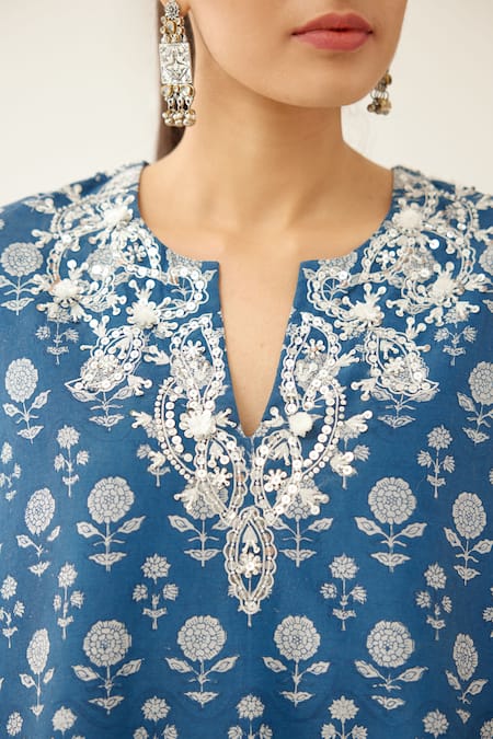 Shop_Kora_Blue Silk, Cotton, Chanderi Tassels, Beads Hand Block Printed Short Kurta Set _Online_at_Aza_Fashions