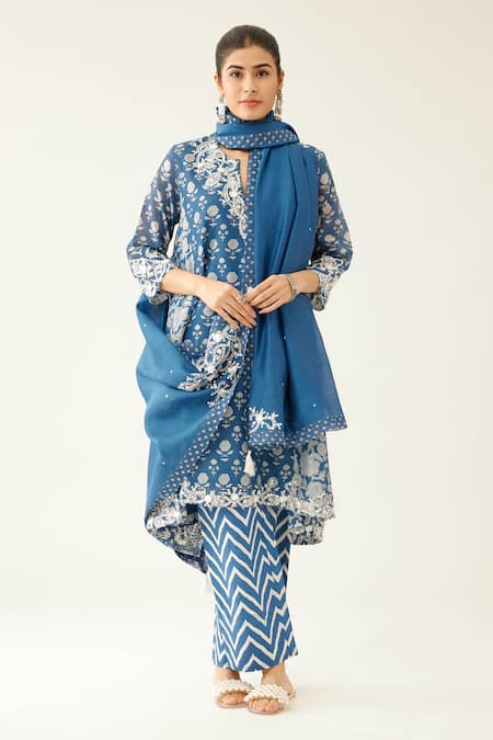 Kora_Blue Silk, Cotton, Chanderi Tassels, Beads Hand Block Printed Short Kurta Set _at_Aza_Fashions