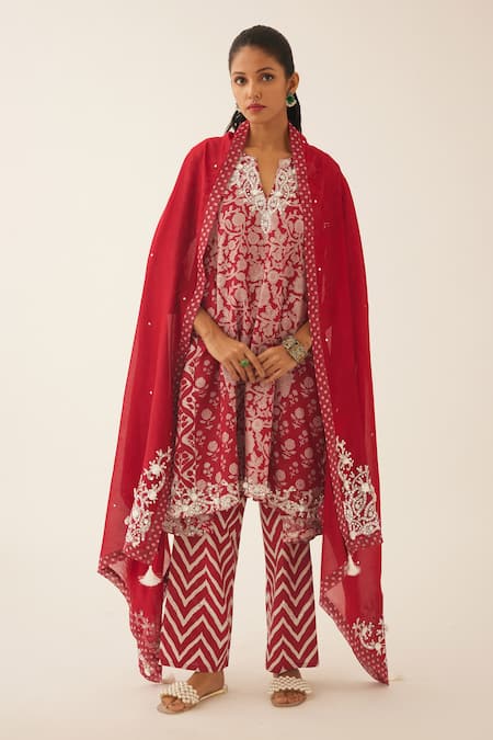 Kora Red Silk, Cotton, Chanderi Tassels, Sequins, Bloom Hand Block Print Kurta Set