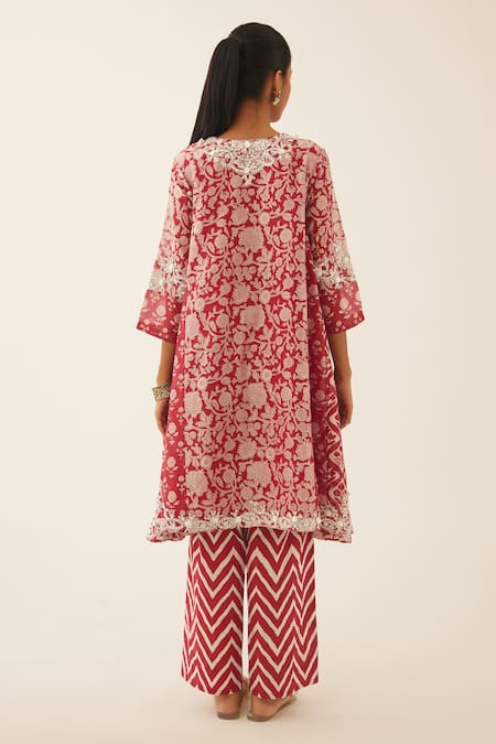 Shop Kora Red Silk, Cotton, Chanderi Tassels, Sequins, Bloom Hand Block Print Kurta Set at Aza Fashions Shop_Kora_Red Silk, Cotton, Chanderi Tassels, Sequins, Bloom Hand Block Print Kurta Set _at_Aza_Fashions