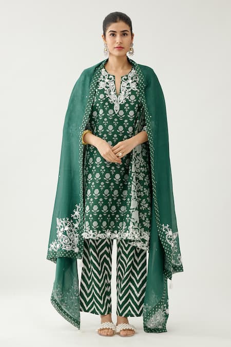 Kora Green Silk, Cotton, Chanderi Tassels, Beads, Hand Block Printed Kurta Set