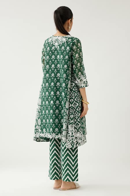 Shop Kora Green Silk, Cotton, Chanderi Tassels, Beads, Hand Block Printed Kurta Set at Aza Fashions Shop_Kora_Green Silk, Cotton, Chanderi Tassels, Beads, Hand Block Printed Kurta Set _at_Aza_Fashions