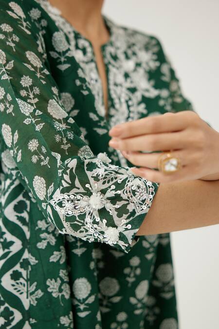 Buy Kora Green Silk, Cotton, Chanderi Tassels, Beads, Hand Block Printed Kurta Set Online at Aza Fashions Buy_Kora_Green Silk, Cotton, Chanderi Tassels, Beads, Hand Block Printed Kurta Set _Online_at_Aza_Fashions