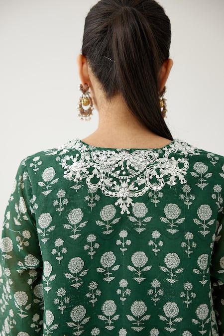 Shop Kora Green Silk, Cotton, Chanderi Tassels, Beads, Hand Block Printed Kurta Set Online at Aza Fashions Shop_Kora_Green Silk, Cotton, Chanderi Tassels, Beads, Hand Block Printed Kurta Set _Online_at_Aza_Fashions