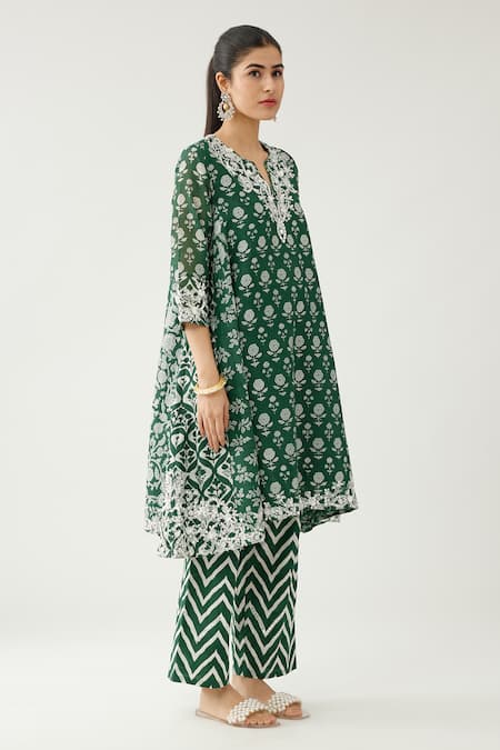 Buy Kora Green Silk, Cotton, Chanderi Tassels, Beads, Hand Block Printed Kurta Set Buy_Kora_Green Silk, Cotton, Chanderi Tassels, Beads, Hand Block Printed Kurta Set