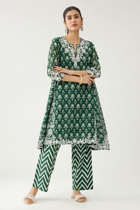 Shop Kora Green Silk, Cotton, Chanderi Tassels, Beads, Hand Block Printed Kurta Set Shop_Kora_Green Silk, Cotton, Chanderi Tassels, Beads, Hand Block Printed Kurta Set