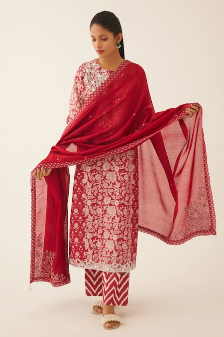 Kora Red Silk, Cotton, Chanderi Sequins, Flower Hand Block Print Straight Kurta Set