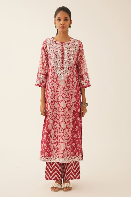 Kora Red Silk, Cotton, Chanderi Sequins, Flower Hand Block Print Straight Kurta Set Online at Aza Fashions Kora_Red Silk, Cotton, Chanderi Sequins, Flower Hand Block Print Straight Kurta Set _Online_at_Aza_Fashions