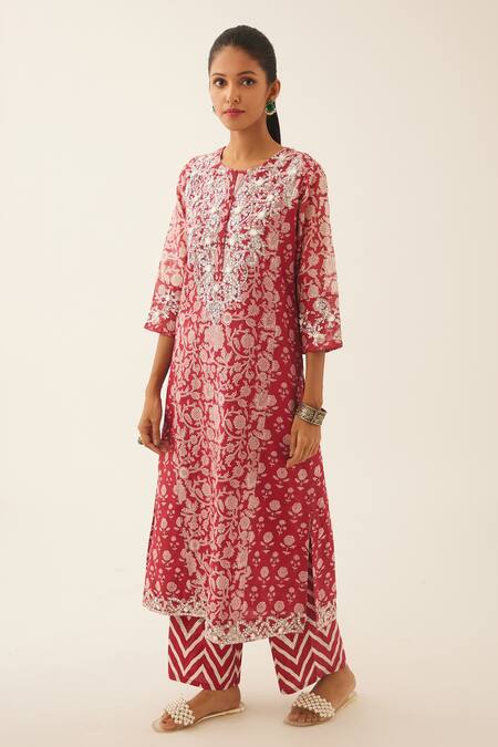 Buy Kora Red Silk, Cotton, Chanderi Sequins, Flower Hand Block Print Straight Kurta Set Online at Aza Fashions Buy_Kora_Red Silk, Cotton, Chanderi Sequins, Flower Hand Block Print Straight Kurta Set _Online_at_Aza_Fashions