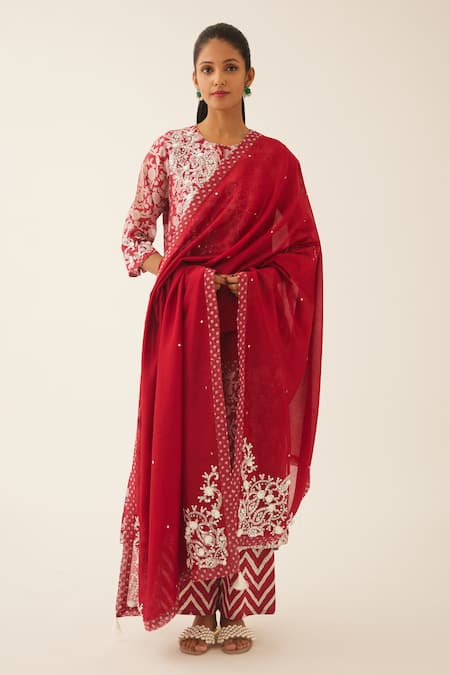 Kora Red Silk, Cotton, Chanderi Sequins, Flower Hand Block Print Straight Kurta Set at Aza Fashions Kora_Red Silk, Cotton, Chanderi Sequins, Flower Hand Block Print Straight Kurta Set _at_Aza_Fashions