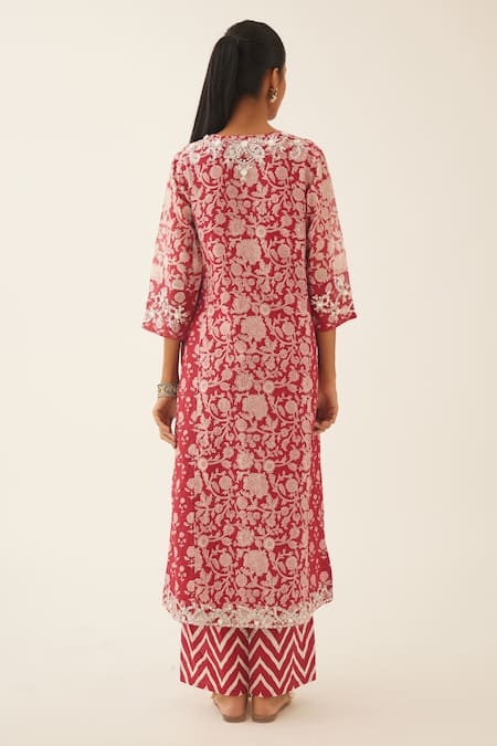 Shop Kora Red Silk, Cotton, Chanderi Sequins, Flower Hand Block Print Straight Kurta Set at Aza Fashions Shop_Kora_Red Silk, Cotton, Chanderi Sequins, Flower Hand Block Print Straight Kurta Set _at_Aza_Fashions