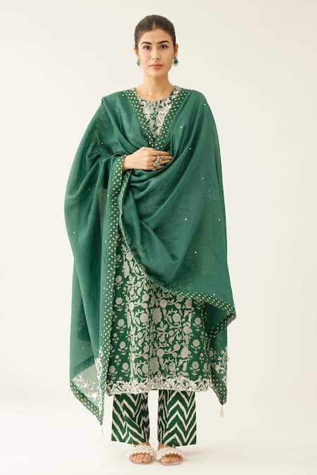 Kora Green Silk, Cotton, Chanderi Botanical Hand Block Print Straight Kurta Set