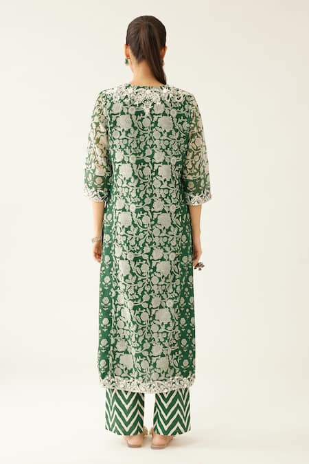 Shop Kora Green Silk, Cotton, Chanderi Botanical Hand Block Print Straight Kurta Set at Aza Fashions Shop_Kora_Green Silk, Cotton, Chanderi Botanical Hand Block Print Straight Kurta Set _at_Aza_Fashions
