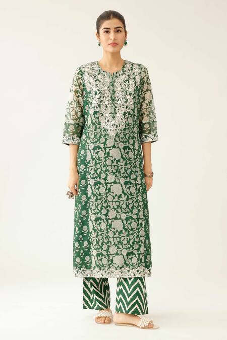 Kora Green Silk, Cotton, Chanderi Botanical Hand Block Print Straight Kurta Set Online at Aza Fashions Kora_Green Silk, Cotton, Chanderi Botanical Hand Block Print Straight Kurta Set _Online_at_Aza_Fashions