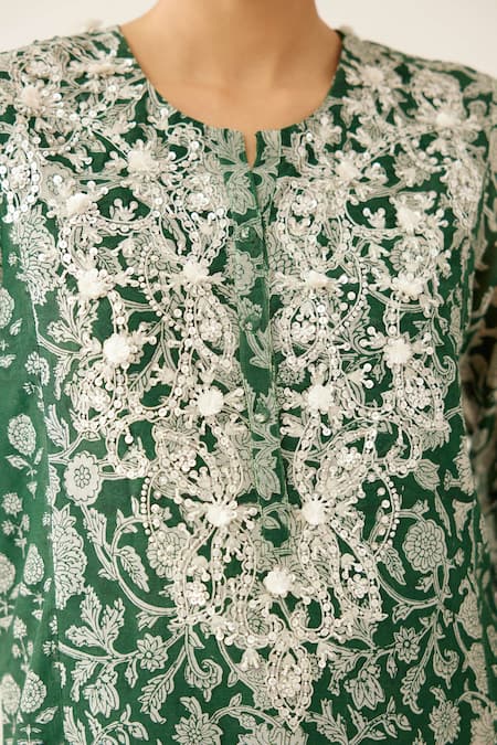 Buy Kora Green Silk, Cotton, Chanderi Botanical Hand Block Print Straight Kurta Set Online at Aza Fashions Buy_Kora_Green Silk, Cotton, Chanderi Botanical Hand Block Print Straight Kurta Set _Online_at_Aza_Fashions