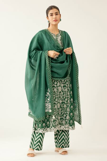 Kora Green Silk, Cotton, Chanderi Botanical Hand Block Print Straight Kurta Set at Aza Fashions Kora_Green Silk, Cotton, Chanderi Botanical Hand Block Print Straight Kurta Set _at_Aza_Fashions