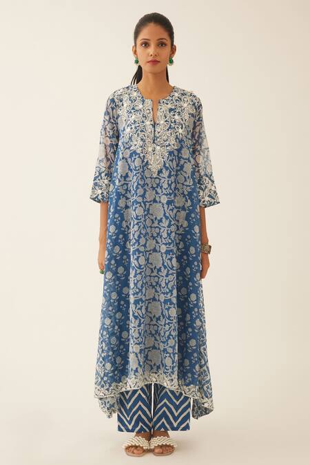 Kora Blue Cotton, Silk Embroidery, Sequins, Tassels Mughal And Floral Print Kurta Set Online at Aza Fashions Kora_Blue Cotton, Silk Embroidery, Sequins, Tassels Mughal And Floral Print Kurta Set _Online_at_Aza_Fashions