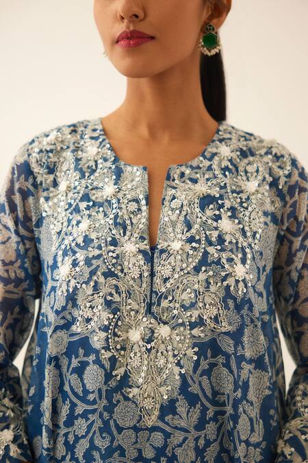Buy Kora Blue Cotton, Silk Embroidery, Sequins, Tassels Mughal And Floral Print Kurta Set Online at Aza Fashions Buy_Kora_Blue Cotton, Silk Embroidery, Sequins, Tassels Mughal And Floral Print Kurta Set _Online_at_Aza_Fashions