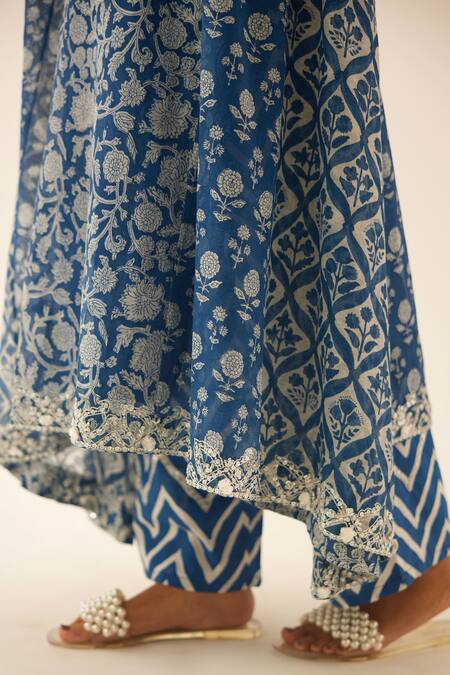 Shop Kora Blue Cotton, Silk Embroidery, Sequins, Tassels Mughal And Floral Print Kurta Set Online at Aza Fashions Shop_Kora_Blue Cotton, Silk Embroidery, Sequins, Tassels Mughal And Floral Print Kurta Set _Online_at_Aza_Fashions