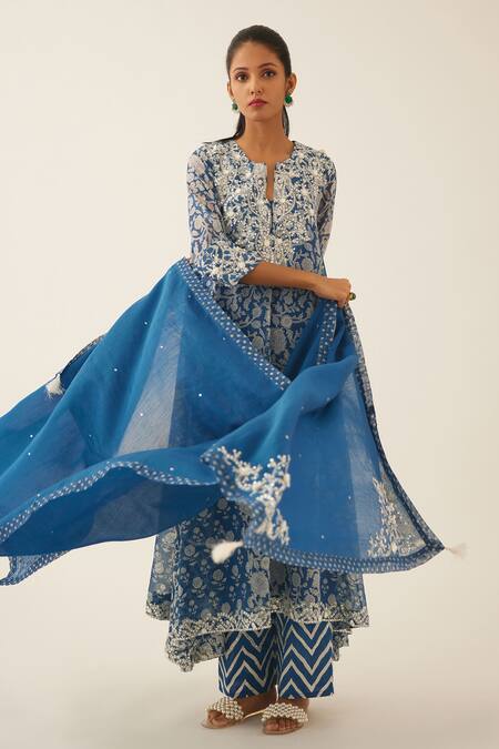 Kora Blue Cotton, Silk Embroidery, Sequins, Tassels Mughal And Floral Print Kurta Set at Aza Fashions Kora_Blue Cotton, Silk Embroidery, Sequins, Tassels Mughal And Floral Print Kurta Set _at_Aza_Fashions