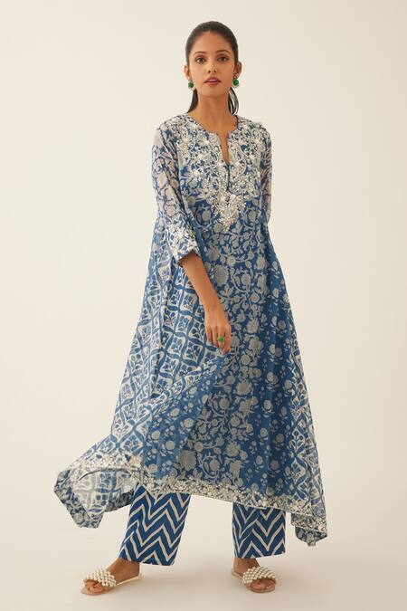 Shop Kora Blue Cotton, Silk Embroidery, Sequins, Tassels Mughal And Floral Print Kurta Set at Aza Fashions Shop_Kora_Blue Cotton, Silk Embroidery, Sequins, Tassels Mughal And Floral Print Kurta Set _at_Aza_Fashions