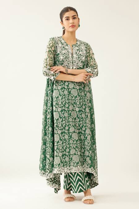 Buy_Kora_Green Cotton, Silk, Chanderi Sequins, Asymmetric Kalidar Kurta Set With Dupatta _Online_at_Aza_Fashions