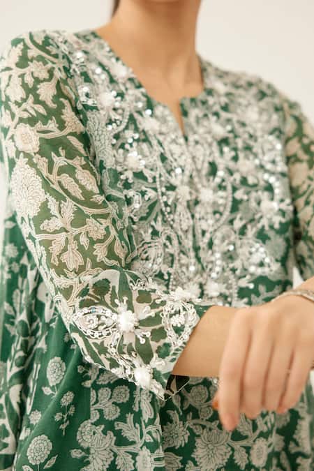 Shop_Kora_Green Cotton, Silk, Chanderi Sequins, Asymmetric Kalidar Kurta Set With Dupatta _Online_at_Aza_Fashions