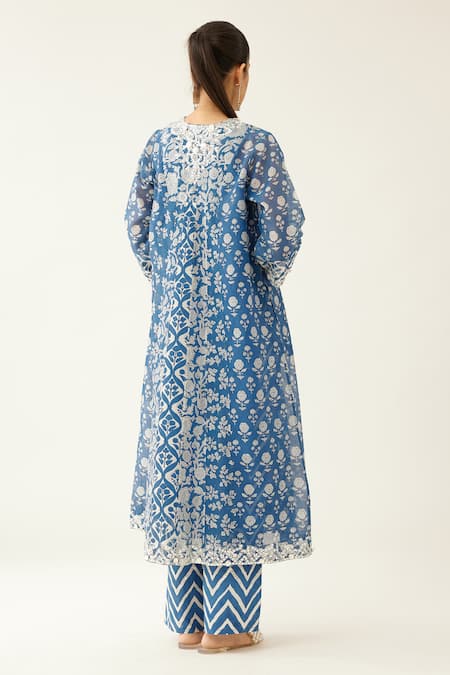 Shop Kora Blue Cotton, Silk, Chanderi Embroidery, Sequins, Flower And Mughal Print Kurta Set at Aza Fashions Shop_Kora_Blue Cotton, Silk, Chanderi Embroidery, Sequins, Flower And Mughal Print Kurta Set _at_Aza_Fashions