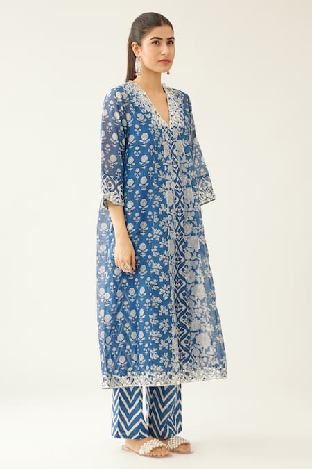 Kora Blue Cotton, Silk, Chanderi Embroidery, Sequins, Flower And Mughal Print Kurta Set Online at Aza Fashions Kora_Blue Cotton, Silk, Chanderi Embroidery, Sequins, Flower And Mughal Print Kurta Set _Online_at_Aza_Fashions