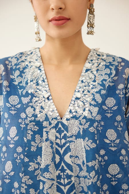 Kora Blue Cotton, Silk, Chanderi Embroidery, Sequins, Flower And Mughal Print Kurta Set at Aza Fashions Kora_Blue Cotton, Silk, Chanderi Embroidery, Sequins, Flower And Mughal Print Kurta Set _at_Aza_Fashions