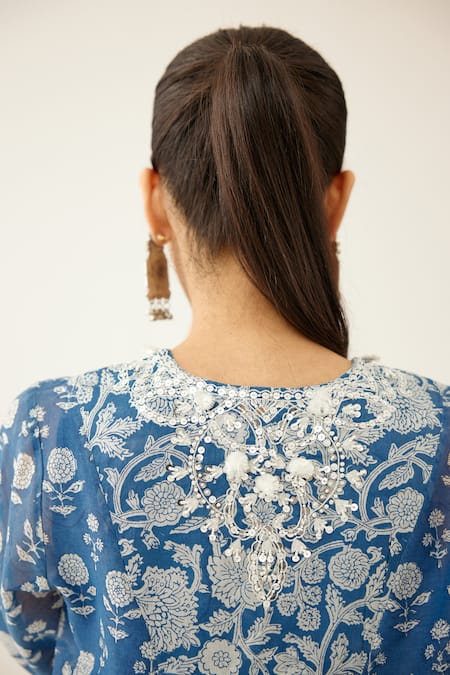 Shop Kora Blue Cotton, Silk, Chanderi Embroidery, Sequins, Flower And Mughal Print Kurta Set Shop_Kora_Blue Cotton, Silk, Chanderi Embroidery, Sequins, Flower And Mughal Print Kurta Set