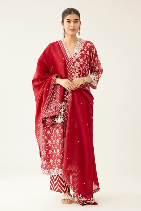 Kora Red Cotton, Silk, Chanderi Sequins, Beads, Garden Hand Block Print Kurta Set