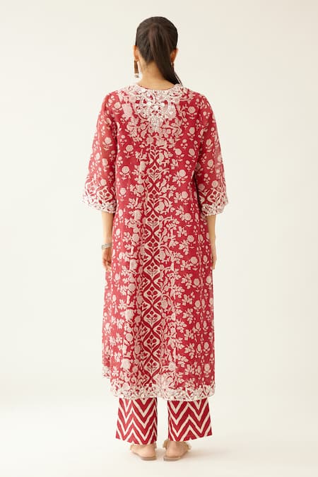Shop Kora Red Cotton, Silk, Chanderi Sequins, Beads, Garden Hand Block Print Kurta Set at Aza Fashions Shop_Kora_Red Cotton, Silk, Chanderi Sequins, Beads, Garden Hand Block Print Kurta Set _at_Aza_Fashions