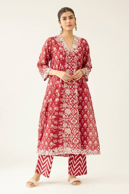 Buy Kora Red Cotton, Silk, Chanderi Sequins, Beads, Garden Hand Block Print Kurta Set Online at Aza Fashions Buy_Kora_Red Cotton, Silk, Chanderi Sequins, Beads, Garden Hand Block Print Kurta Set _Online_at_Aza_Fashions