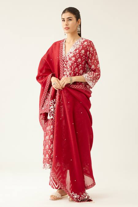 Kora Red Cotton, Silk, Chanderi Sequins, Beads, Garden Hand Block Print Kurta Set at Aza Fashions Kora_Red Cotton, Silk, Chanderi Sequins, Beads, Garden Hand Block Print Kurta Set _at_Aza_Fashions